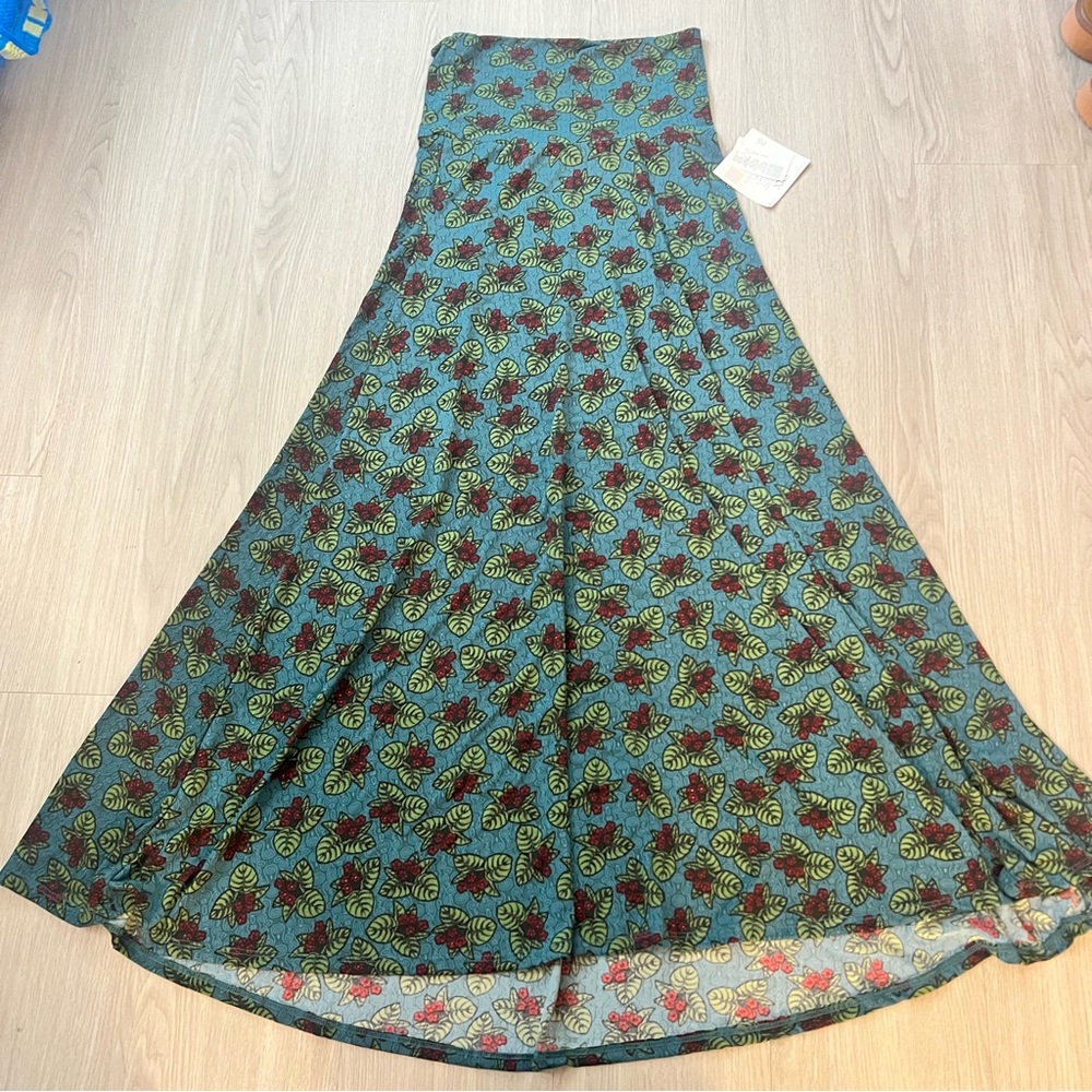 Lularoe Maxi skirt- size XXS teal green and red floral pattern NWT